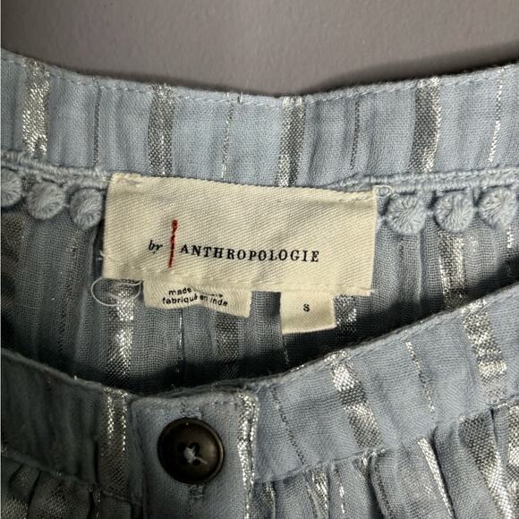 Anthropologie Gray Button Front Blouse Silver Metallic Stripes Ruffles Size Sm - Picture 2 of 5